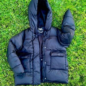 Black jacket can be for girl , with attached hat size 10 used just one winter